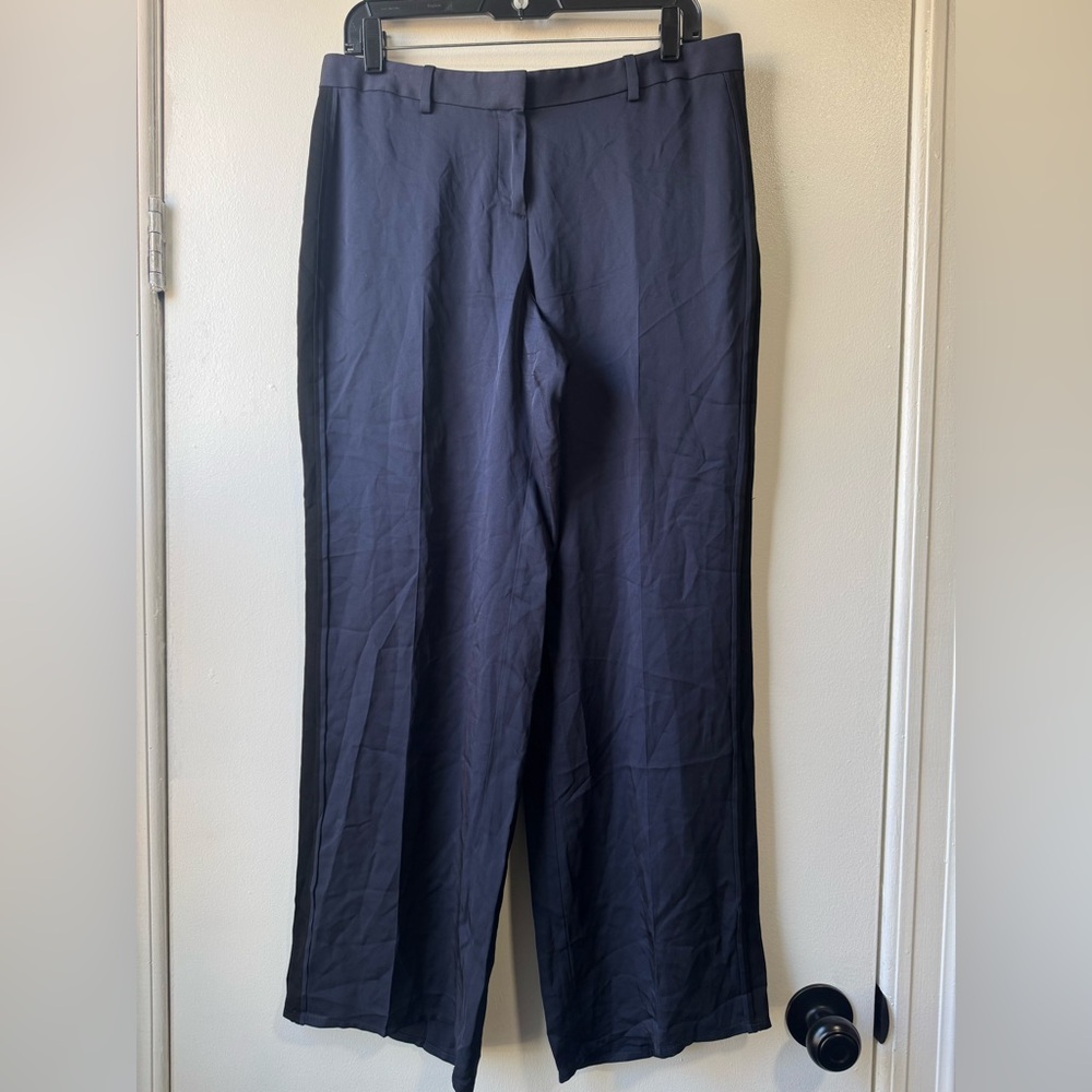 Theory 100% Silk Blue and Black Wide-Leg Trousers